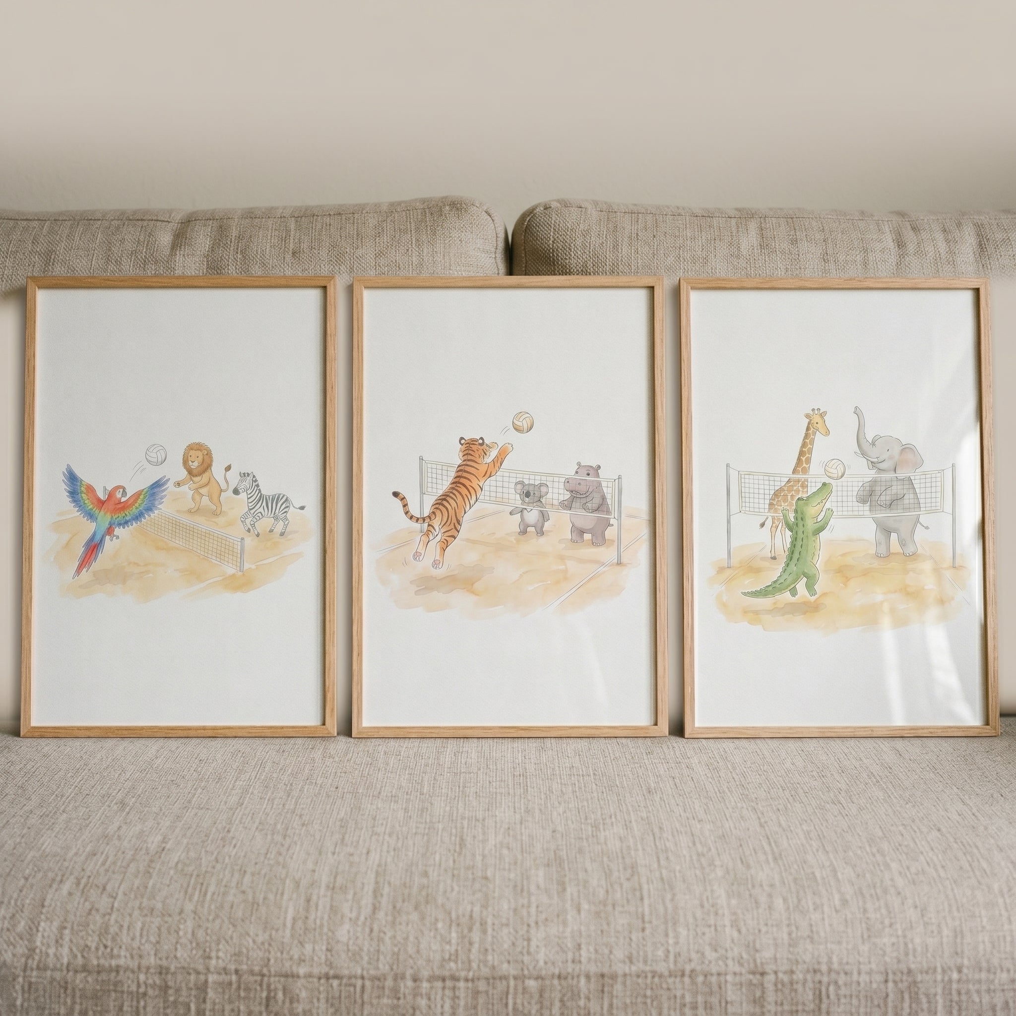 Volleyball Playing Safari Animals Wall Art Set of 3 - Safari Volleyball Match