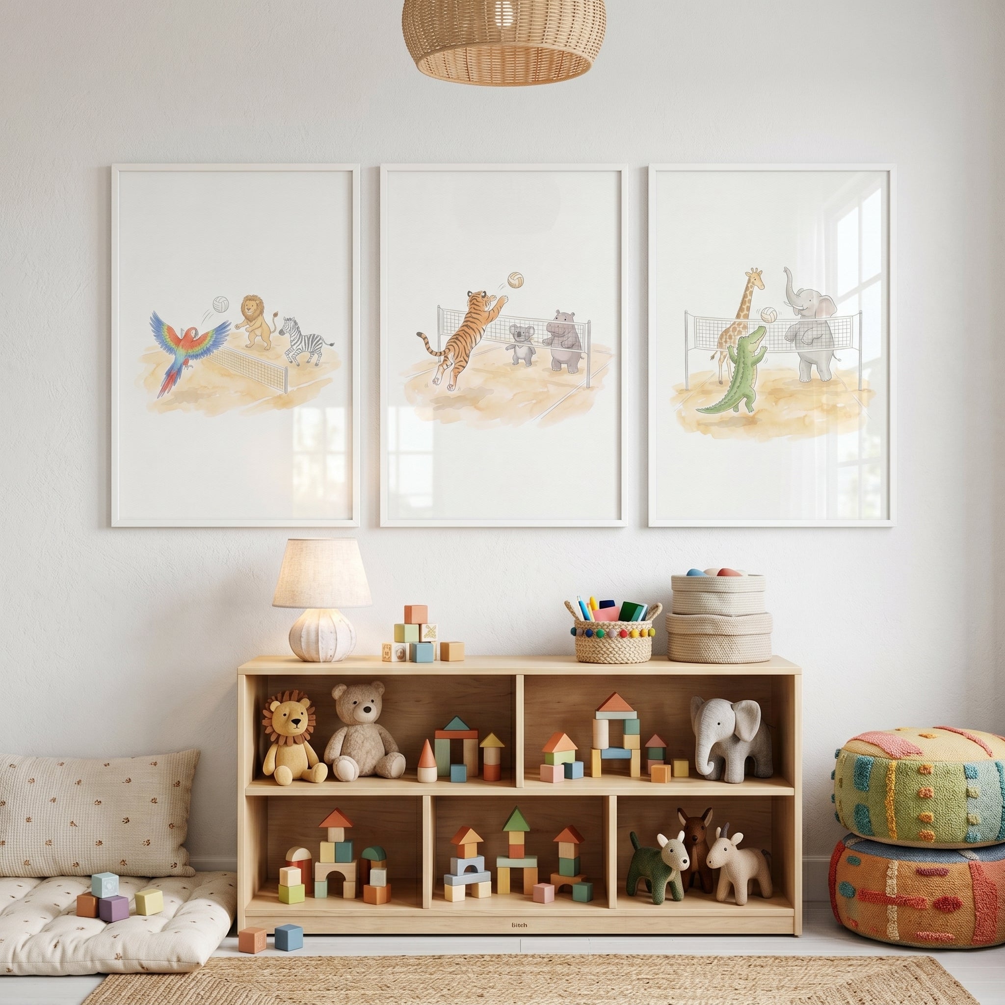 Volleyball Playing Safari Animals Wall Art Set of 3 - Safari Volleyball Match