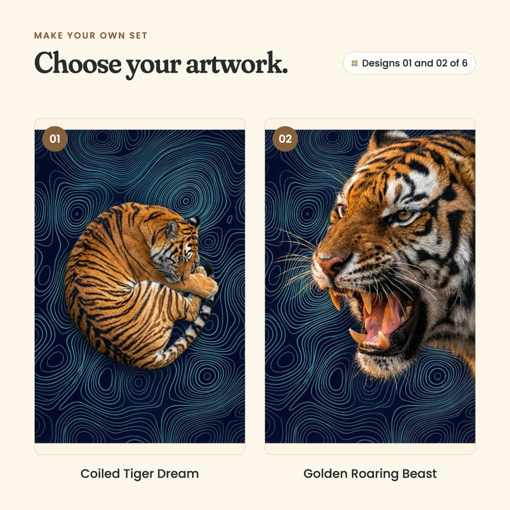 Designs 01 and 02 of 6: Coiled Tiger Dream, a tiger curled in a ring asleep with its head on its paws, and Golden Roaring Beast, a close-up of a roaring tiger