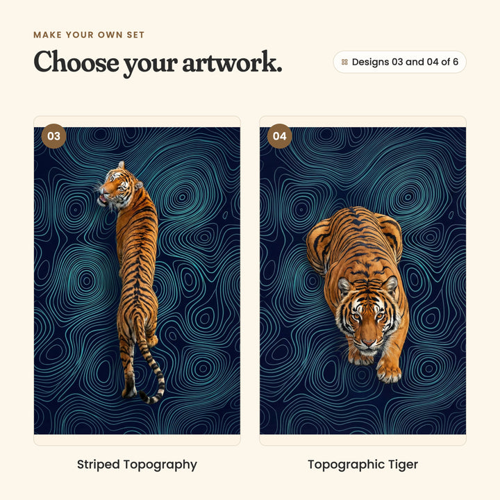 Designs 03 and 04 of 6: Striped Topography, a tiger seen from above walking up the page and turning its head back, and Topographic Tiger, a tiger seen from above walking toward you with its head low