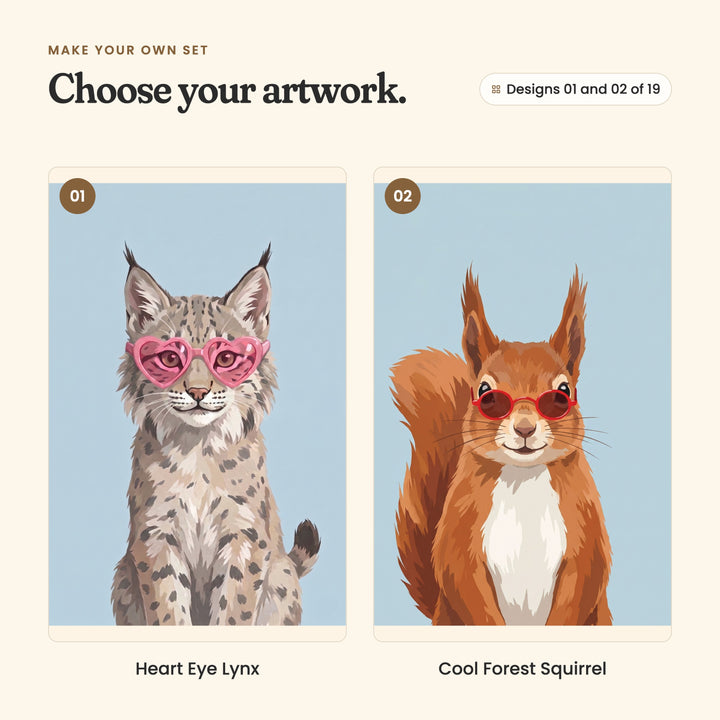 Designs 01 and 02 of 19: Heart Eye Lynx, a lynx in pink heart-shaped glasses, and Cool Forest Squirrel, a red squirrel in red round sunglasses