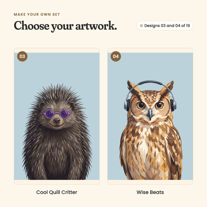 Designs 03 and 04 of 19: Cool Quill Critter, a porcupine in purple round glasses, and Wise Beats, an owl wearing black headphones