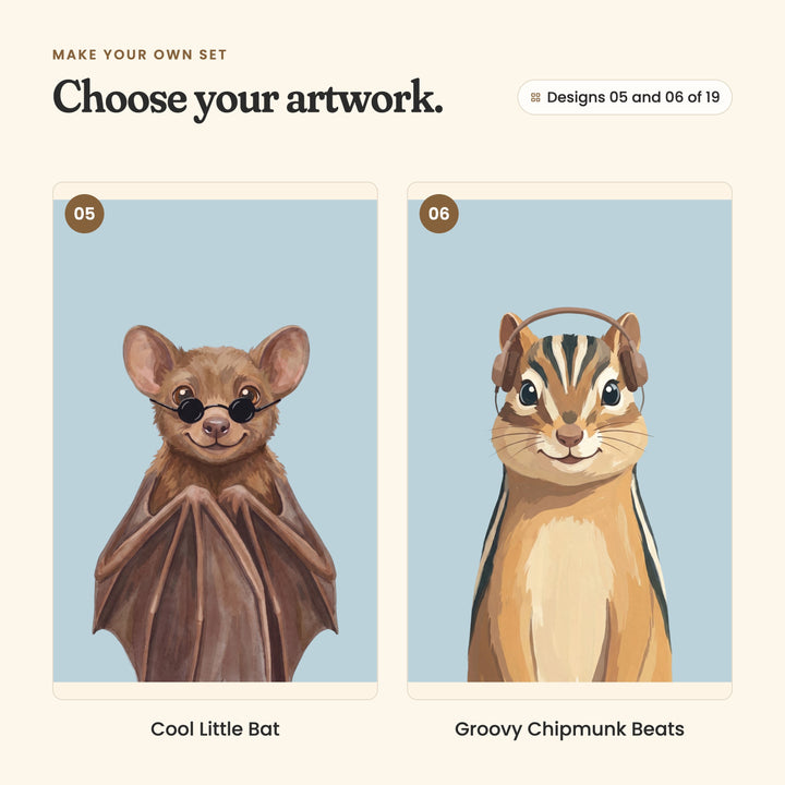 Designs 05 and 06 of 19: Cool Little Bat, a bat in round dark sunglasses with its wings folded, and Groovy Chipmunk Beats, a chipmunk wearing headphones