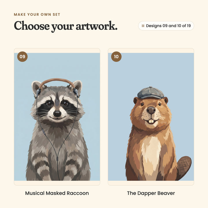 Designs 09 and 10 of 19: Musical Masked Raccoon, a raccoon wearing headphones, and The Dapper Beaver, a beaver in a grey newsboy cap