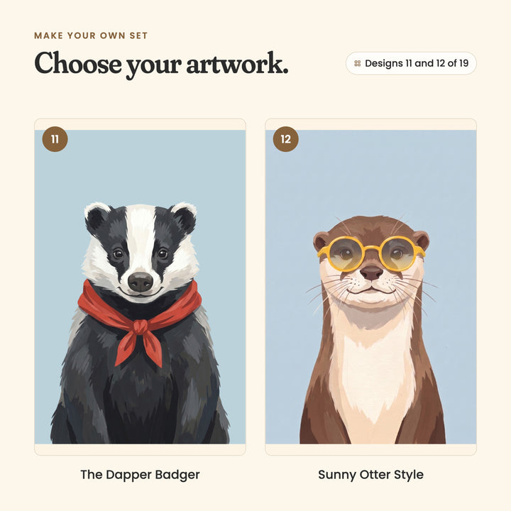Designs 11 and 12 of 19: The Dapper Badger, a badger in a red neckerchief, and Sunny Otter Style, an otter in yellow round glasses
