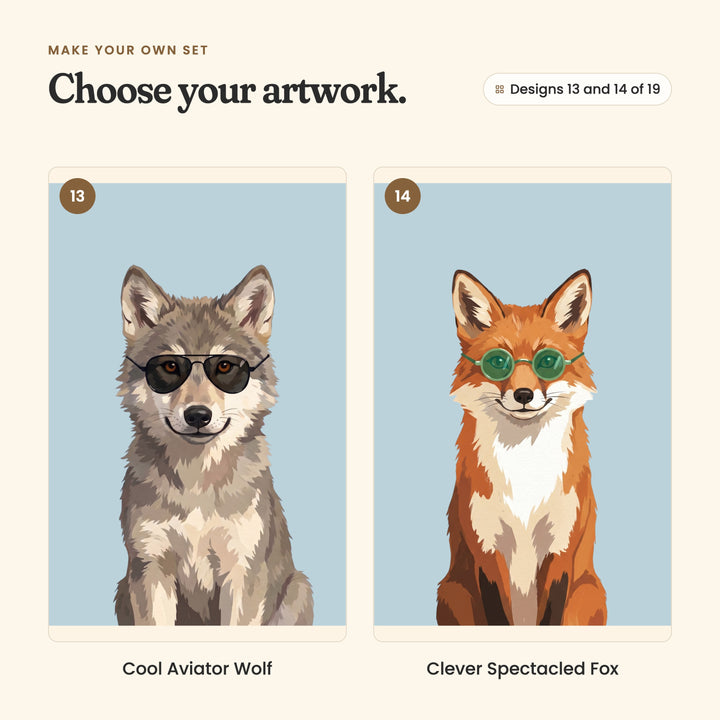 Designs 13 and 14 of 19: Cool Aviator Wolf, a wolf in black aviator sunglasses, and Clever Spectacled Fox, a fox in green round sunglasses