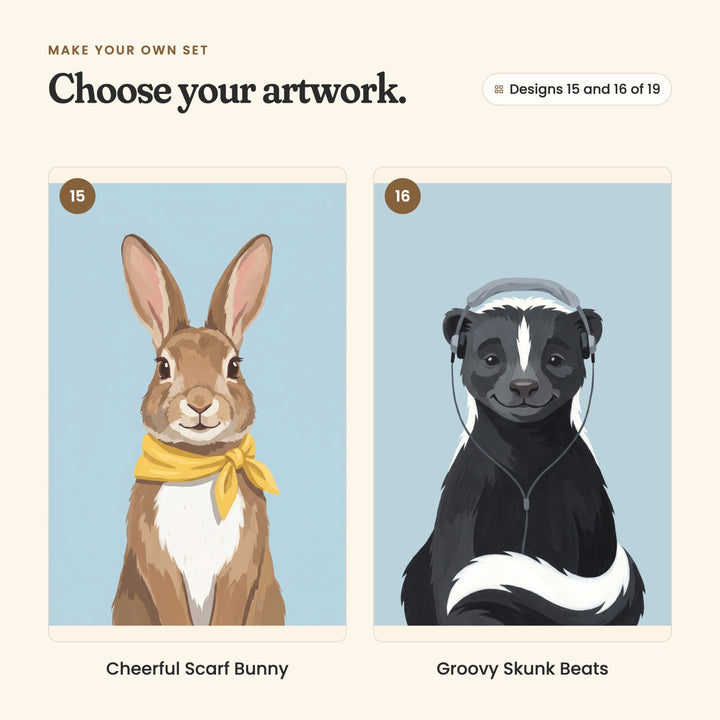 Designs 15 and 16 of 19: Cheerful Scarf Bunny, a brown rabbit in a yellow scarf, and Groovy Skunk Beats, a skunk wearing grey headphones