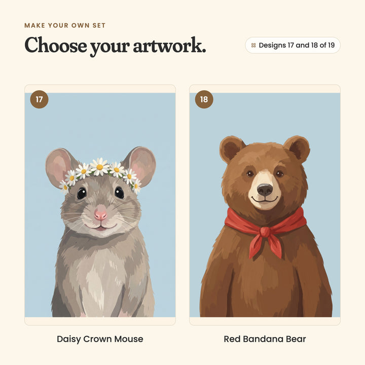 Designs 17 and 18 of 19: Daisy Crown Mouse, a grey mouse in a daisy crown, and Red Bandana Bear, a brown bear in a red bandana