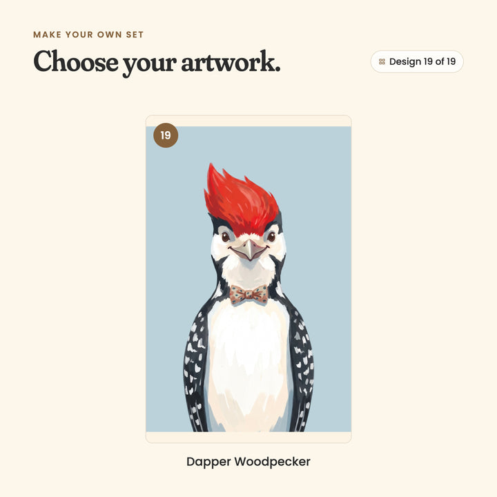 Design 19 of 19: Dapper Woodpecker, a woodpecker with a red crest and a polka-dot bow tie