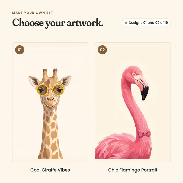 Designs 01 and 02 of 19: Cool Giraffe Vibes, a giraffe in round yellow glasses, and Chic Flamingo Portrait, a pink flamingo in a pink bow tie