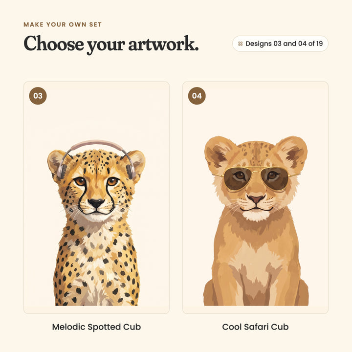 Designs 03 and 04 of 19: Melodic Spotted Cub, a cheetah cub wearing grey headphones, and Cool Safari Cub, a lion cub in gold aviator sunglasses