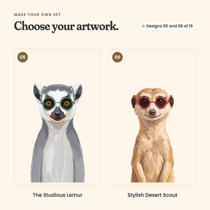 Designs 05 and 06 of 19: The Studious Lemur, a ring-tailed lemur in round green glasses, and Stylish Desert Scout, a meerkat in round red glasses
