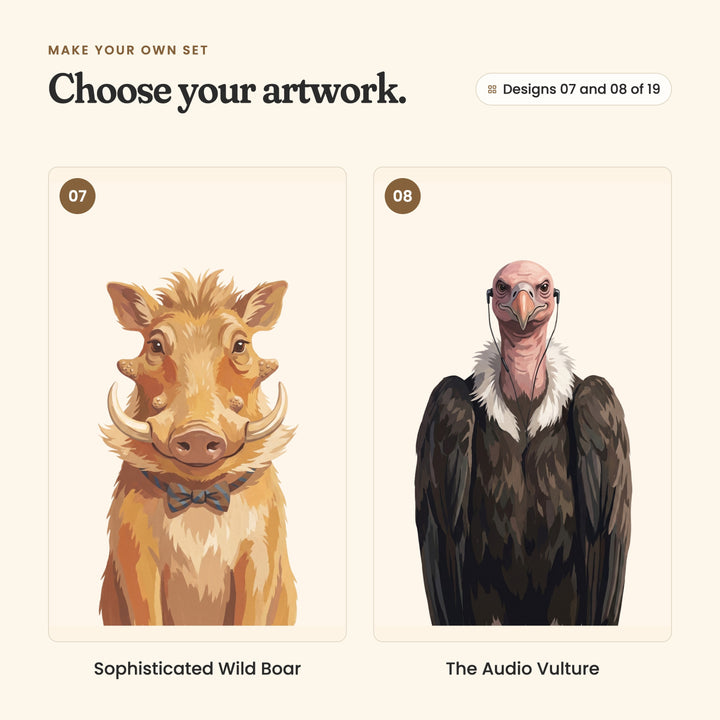 Designs 07 and 08 of 19: Sophisticated Wild Boar, a warthog in a grey striped bow tie, and The Audio Vulture, a vulture wearing wired earbuds