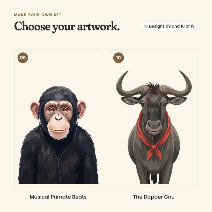 Designs 09 and 10 of 19: Musical Primate Beats, a chimpanzee wearing wired earbuds, and The Dapper Gnu, a wildebeest in a red bandana