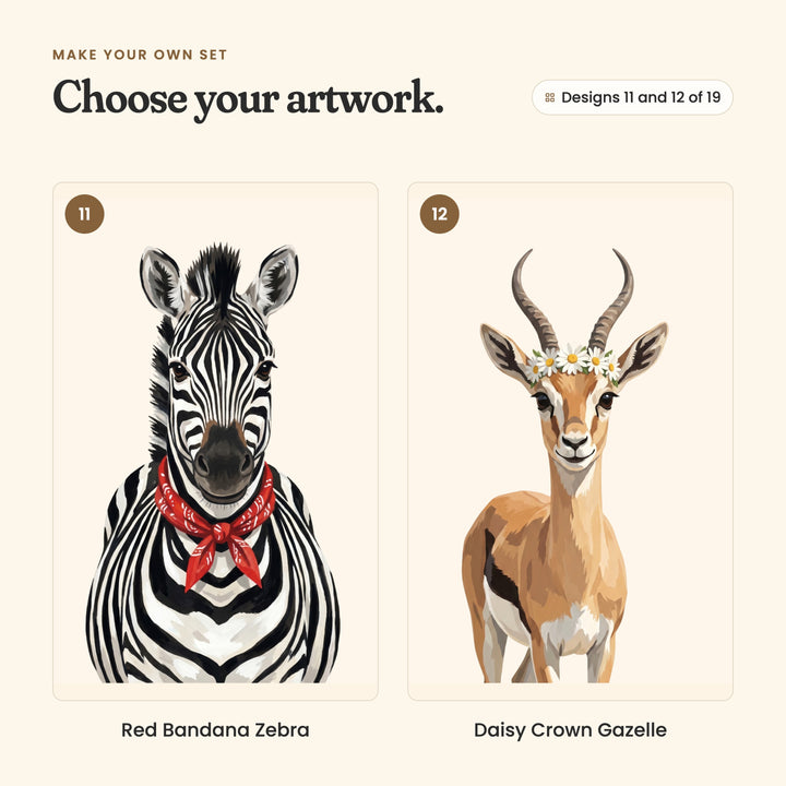 Designs 11 and 12 of 19: Red Bandana Zebra, a zebra in a red paisley bandana, and Daisy Crown Gazelle, a gazelle in a daisy crown