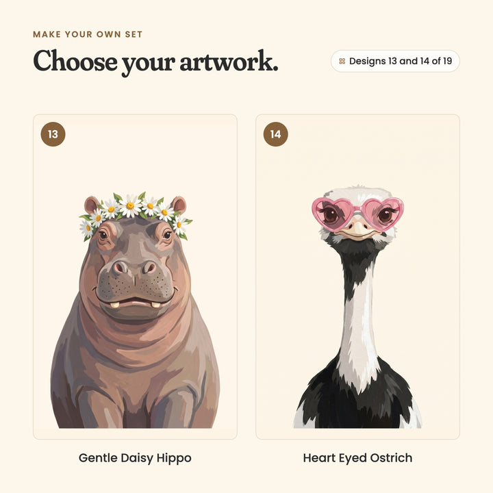 Designs 13 and 14 of 19: Gentle Daisy Hippo, a hippo in a daisy crown, and Heart Eyed Ostrich, an ostrich in pink heart-shaped glasses