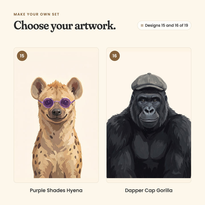 Designs 15 and 16 of 19: Purple Shades Hyena, a smiling hyena in round purple sunglasses, and Dapper Cap Gorilla, a gorilla in a grey flat cap