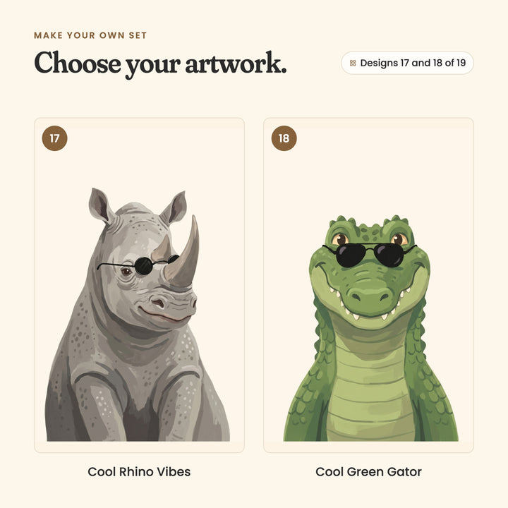 Designs 17 and 18 of 19: Cool Rhino Vibes, a rhino in round black sunglasses, and Cool Green Gator, a green crocodile in black sunglasses