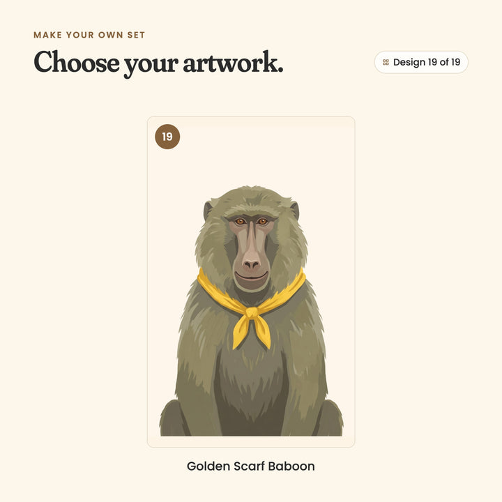 Design 19 of 19: Golden Scarf Baboon, a baboon in a yellow scarf