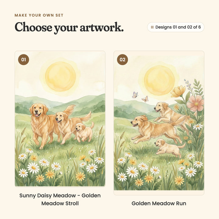 Designs 01 and 02 of 6: Sunny Daisy Meadow, two golden retrievers and a puppy trotting through a field of daisies, and Golden Meadow Run, two golden retrievers and a puppy bounding through flowers as butterflies flutter by