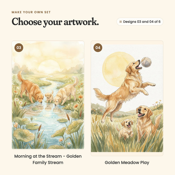 Designs 03 and 04 of 6: Morning at the Stream, two golden retrievers and a puppy drinking from a stream among lily pads, and Golden Meadow Play, a golden retriever leaping for a ball while another dog and a puppy watch
