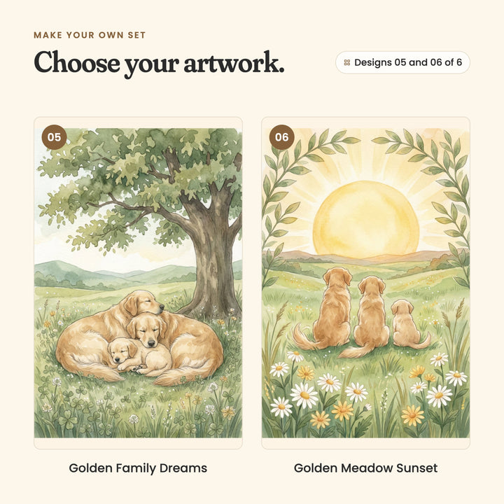 Designs 05 and 06 of 6: Golden Family Dreams, two golden retrievers and a puppy curled up asleep under a big tree, and Golden Meadow Sunset, two golden retrievers and a puppy, seen from behind, watching the sun set over green hills