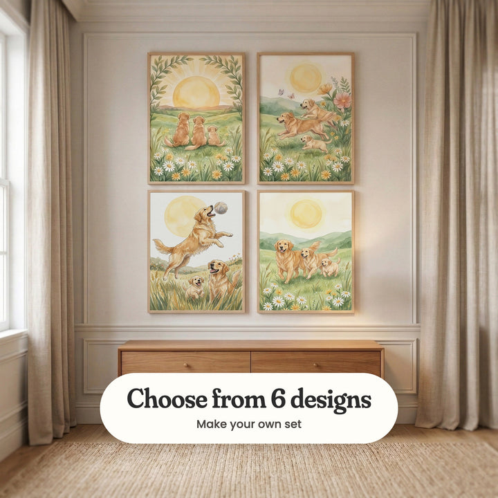 Cream panelled room with four golden retriever prints in light wood frames in two rows above a light wood dresser, between linen curtains and a window, over a jute rug: Golden Meadow Sunset, Golden Meadow Run, Golden Meadow Play and Sunny Daisy Meadow, with a label reading Choose from 6 designs, Make your own set