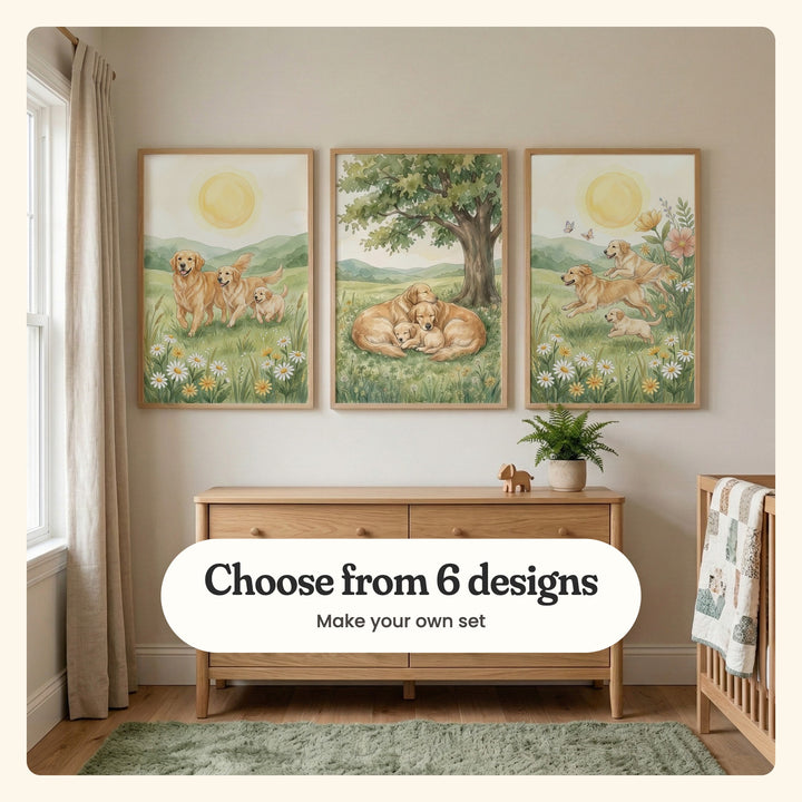 Cream nursery with three golden retriever prints in light wood frames above a light wood dresser with a fern and a small wooden dog, beside a window with linen curtains, a crib with a patchwork quilt and a sage green rug: Sunny Daisy Meadow, Golden Family Dreams and Golden Meadow Run, labeled Choose from 6 designs, Make your own set