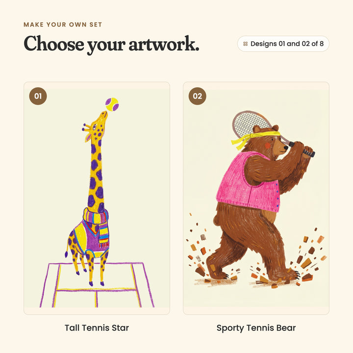 Designs 01 and 02 of 8: Tall Tennis Star, a giraffe in a striped scarf and purple sweater stretching up to a ball, and Sporty Tennis Bear, a brown bear in a pink vest and yellow headband swinging a racket