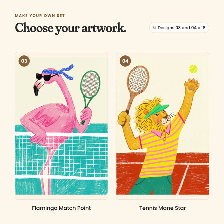 Designs 03 and 04 of 8: Flamingo Match Point, a pink flamingo in sunglasses and a blue bandana leaning on the net, and Tennis Mane Star, a lion in a striped polo and green visor tossing up a serve