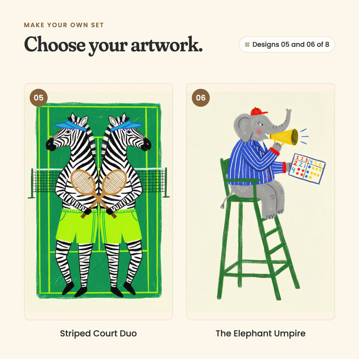 Designs 05 and 06 of 8: Striped Court Duo, two mirrored zebras in visors and lime shorts with crossed rackets, and The Elephant Umpire, an elephant umpire in a pinstripe blazer with a megaphone and scorecard
