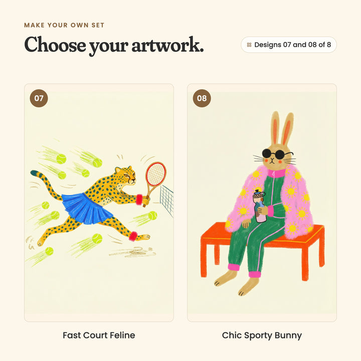Designs 07 and 08 of 8: Fast Court Feline, a cheetah in a blue skirt lunging at a ball, and Chic Sporty Bunny, a bunny in sunglasses and a pink sunburst jacket on an orange bench