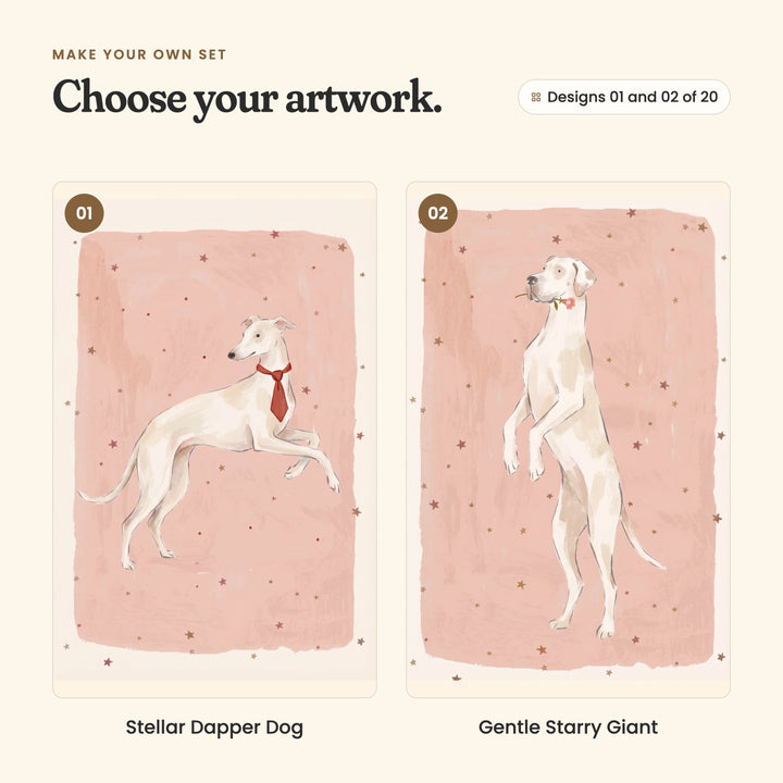Designs 01 and 02 of 20: Stellar Dapper Dog, a whippet in a red tie leaping across the stars, and Gentle Starry Giant, a tall white dog with cream patches and floppy ears standing up on its back legs with a pink flower in its mouth