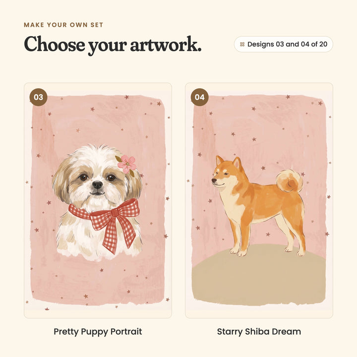 Designs 03 and 04 of 20: Pretty Puppy Portrait, a shih tzu with a red gingham bow and a pink flower in its hair, and Starry Shiba Dream, a shiba standing on a sandy mound