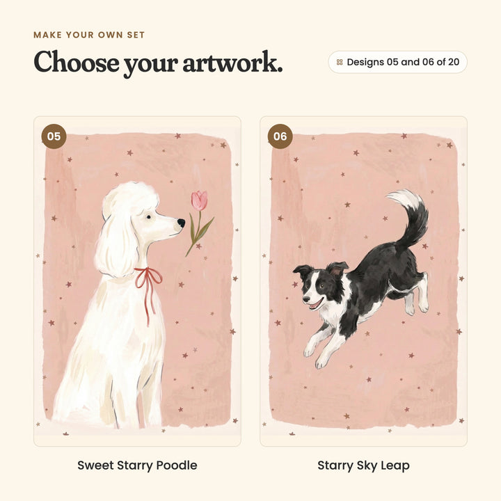 Designs 05 and 06 of 20: Sweet Starry Poodle, a white poodle with a red ribbon, sniffing a pink tulip, and Starry Sky Leap, a black and white border collie leaping