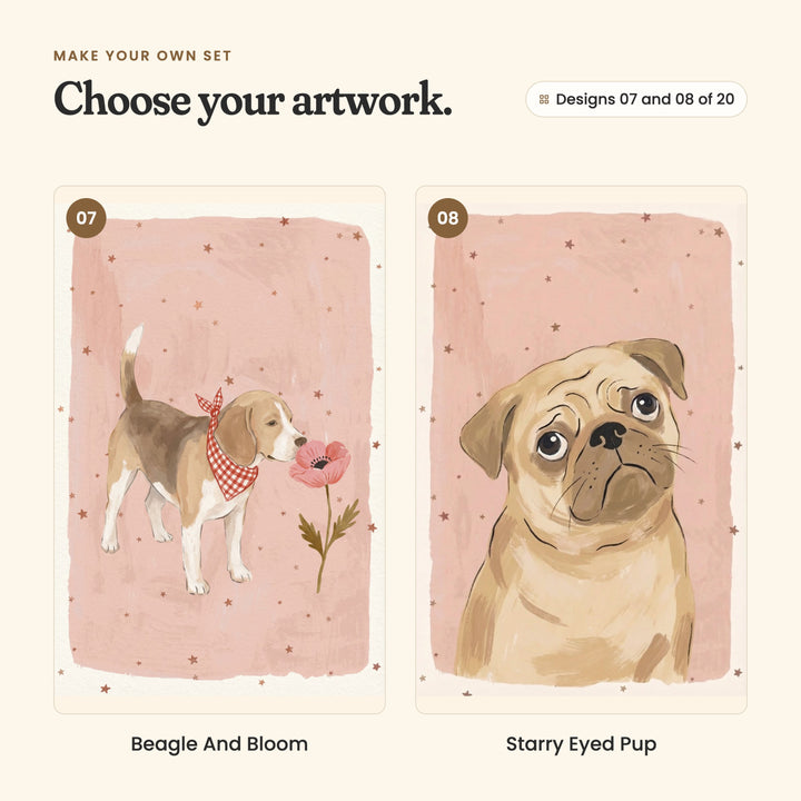 Designs 07 and 08 of 20: Beagle And Bloom, a beagle in a gingham scarf sniffing a red poppy, and Starry Eyed Pup, a pug with big round eyes