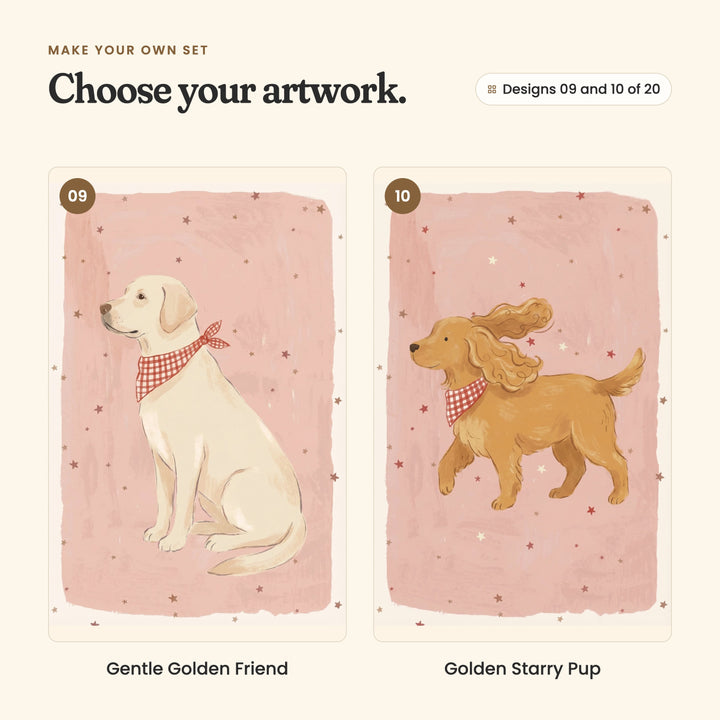 Designs 09 and 10 of 20: Gentle Golden Friend, a cream Labrador in a gingham scarf sitting in profile, and Golden Starry Pup, a golden spaniel puppy in a gingham scarf trotting with its ears flying