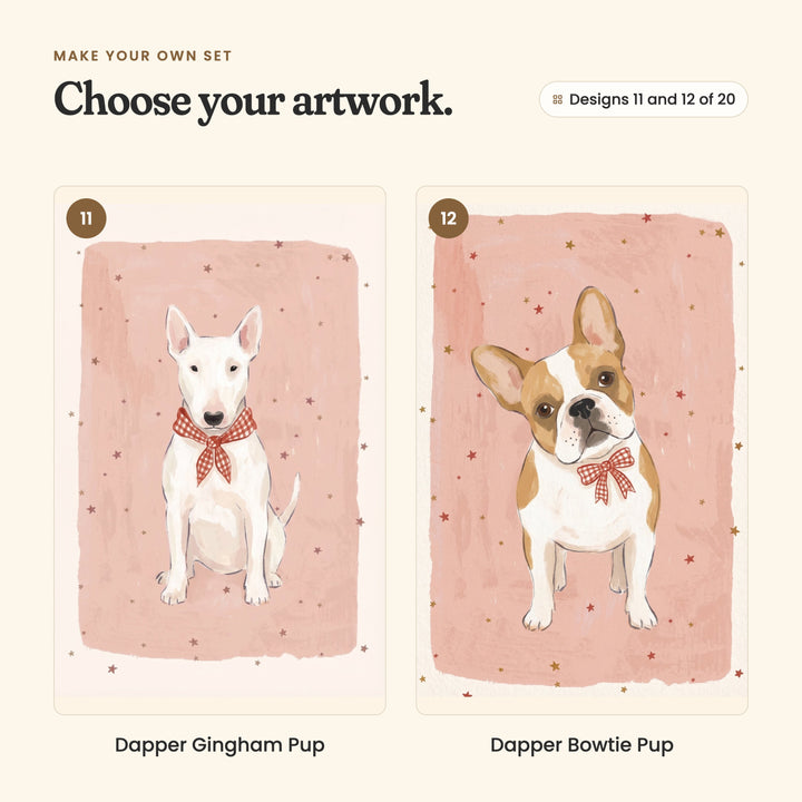 Designs 11 and 12 of 20: Dapper Gingham Pup, a white bull terrier in a gingham scarf, and Dapper Bowtie Pup, a French bulldog in a gingham bow tie
