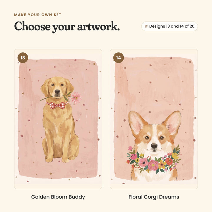 Designs 13 and 14 of 20: Golden Bloom Buddy, a golden retriever in a gingham bow tie with a pink flower in its mouth, and Floral Corgi Dreams, a corgi wearing a collar of bright flowers