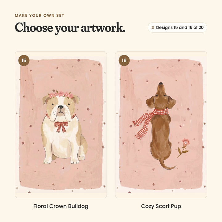 Designs 15 and 16 of 20: Floral Crown Bulldog, a bulldog in a pink flower crown and a gingham bow tie, and Cozy Scarf Pup, a dachshund seen from behind in a gingham scarf, looking up