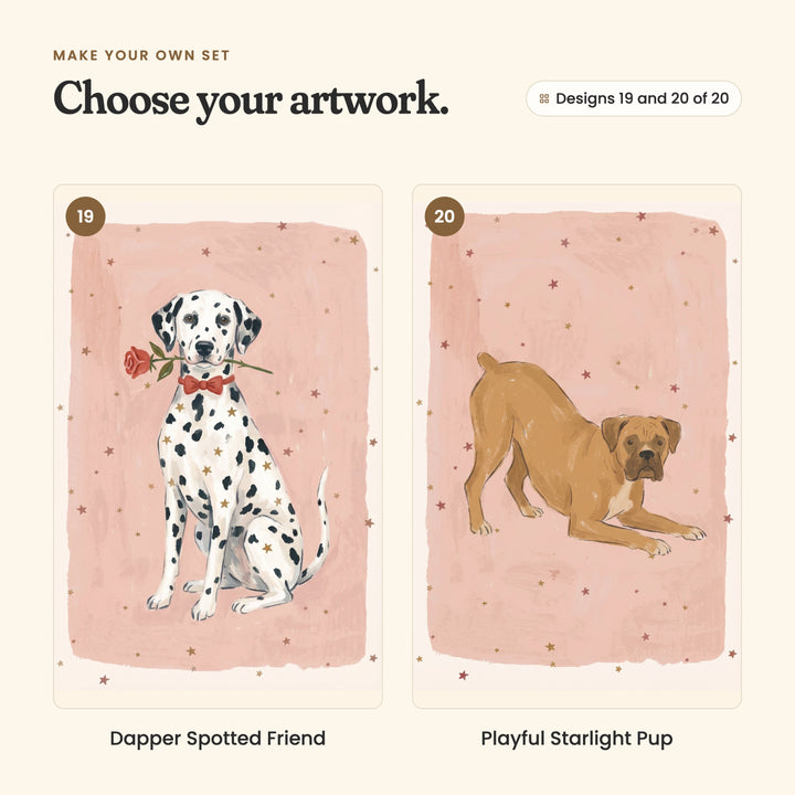 Designs 19 and 20 of 20: Dapper Spotted Friend, a dalmatian in a red bow tie with a red rose in its mouth, and Playful Starlight Pup, a boxer bowing down to play