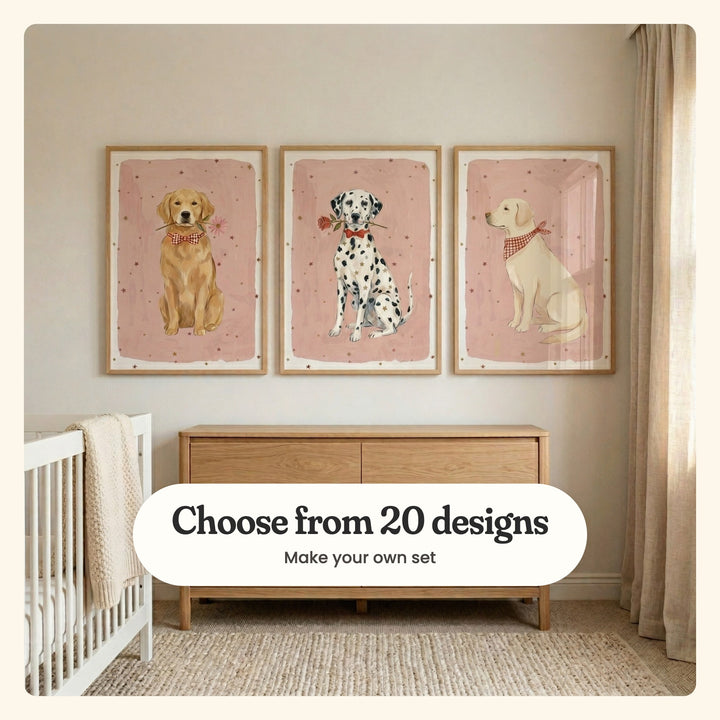 Cream nursery with three dog prints in light wood frames above a light wood dresser, beside a white crib with a knit blanket and linen curtains: Golden Bloom Buddy, Dapper Spotted Friend and Gentle Golden Friend, labeled Choose from 20 designs, Make your own set