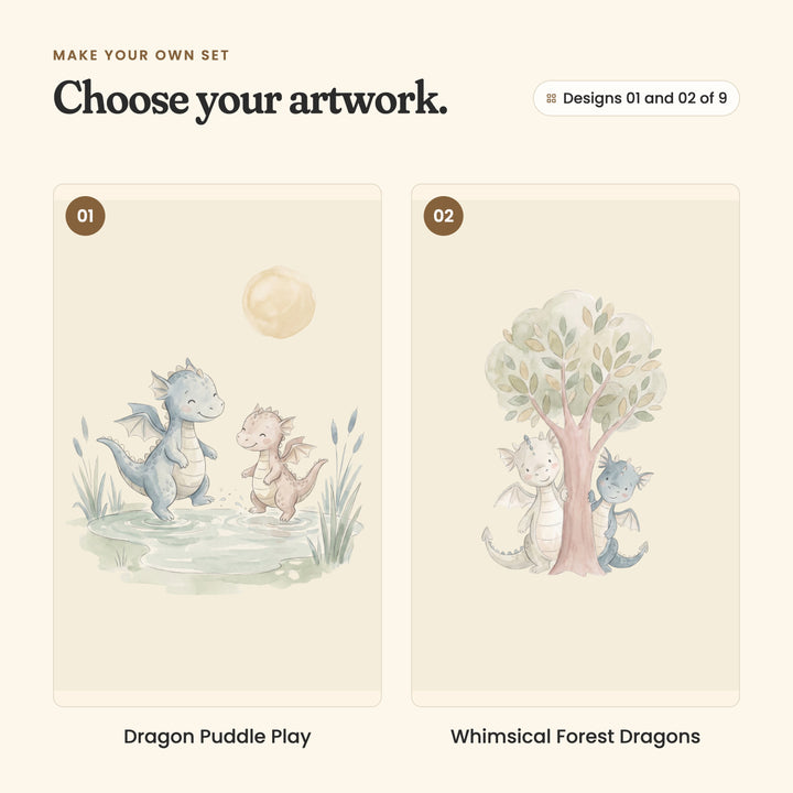 Designs 01 and 02 of 9: Dragon Puddle Play, a blue dragon and a pink dragon splashing in a puddle among reeds under a pale yellow sun, and Whimsical Forest Dragons, a cream dragon and a blue dragon peeking out from either side of a tree