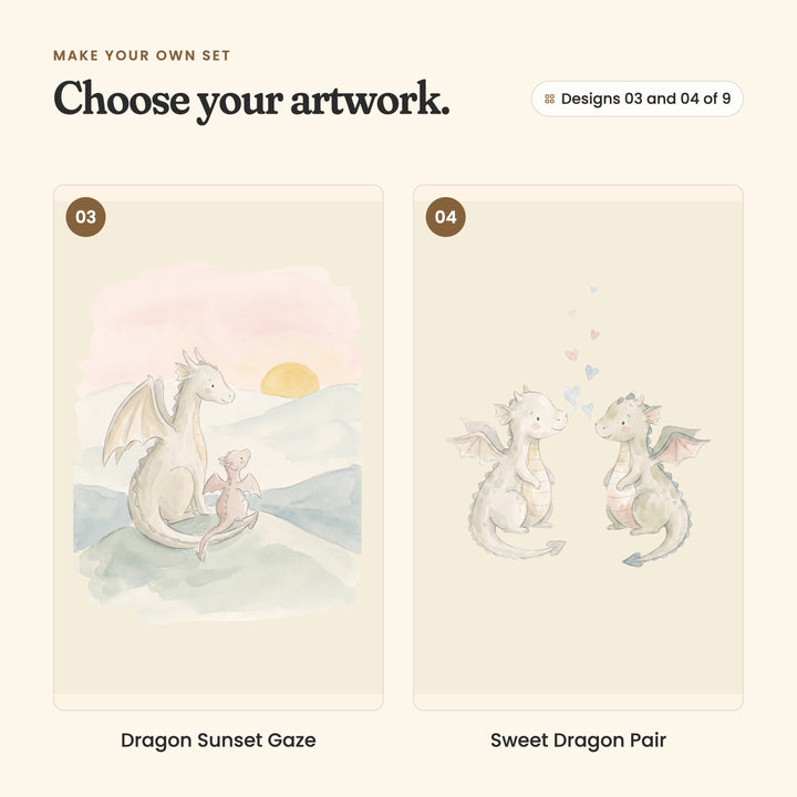 Designs 03 and 04 of 9: Dragon Sunset Gaze, a big cream dragon and a little pink dragon watching the sun set over blue hills, and Sweet Dragon Pair, a cream dragon and a green dragon face to face with floating hearts