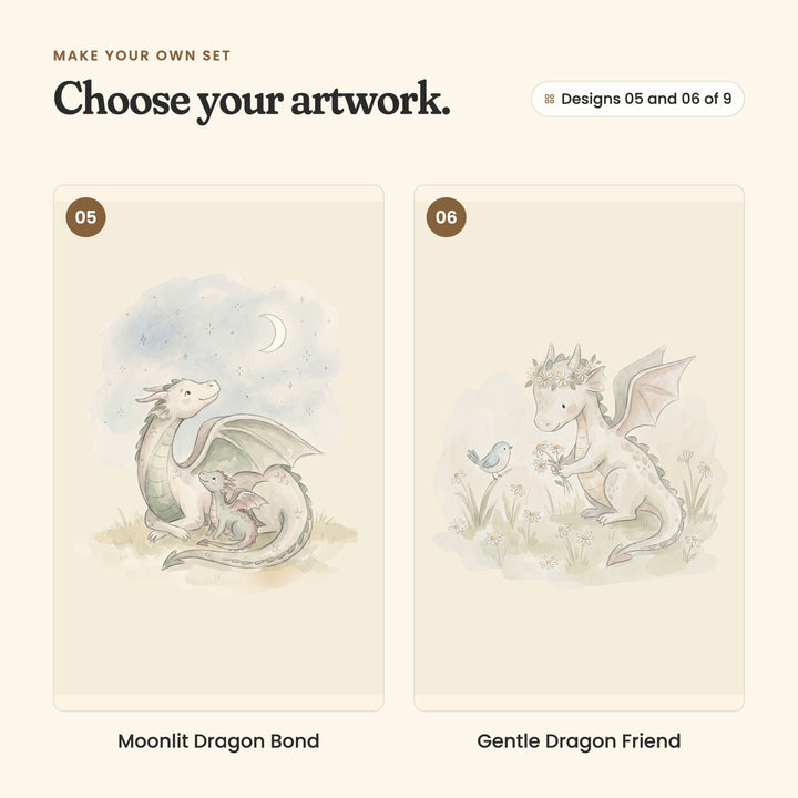 Designs 05 and 06 of 9: Moonlit Dragon Bond, a mother dragon curled round her baby under a crescent moon and stars, and Gentle Dragon Friend, a dragon in a daisy crown picking daisies beside a bluebird