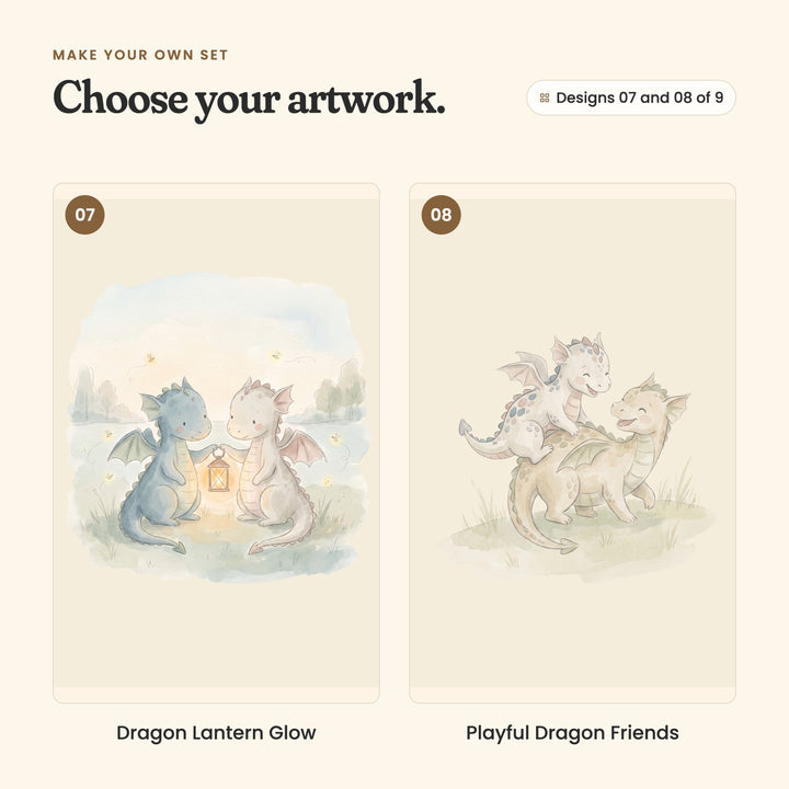 Designs 07 and 08 of 9: Dragon Lantern Glow, a blue dragon and a cream dragon holding a glowing lantern among fireflies, and Playful Dragon Friends, a laughing little dragon riding on a bigger dragon's back