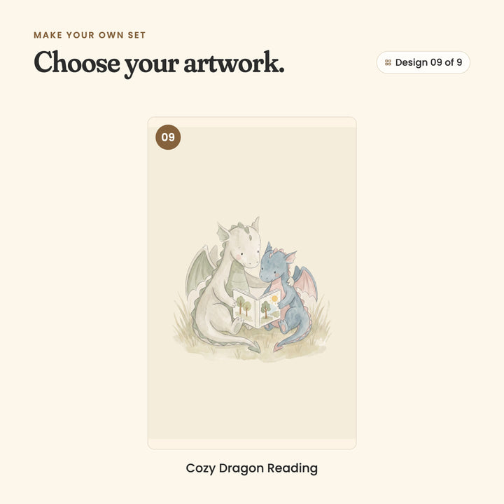 Design 09 of 9: Cozy Dragon Reading, a cream dragon reading a picture book with a little blue dragon