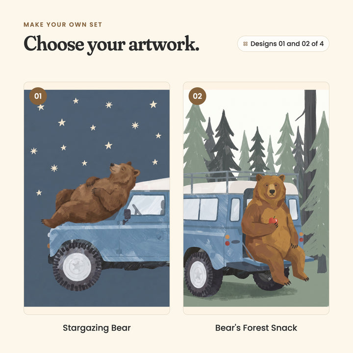 Designs 01 and 02 of 4: Stargazing Bear, a bear lying back on the hood of a vintage blue 4x4 under a starry navy sky, and Bear's Forest Snack, a bear sitting on the back step of a blue 4x4 holding an apple among pine trees