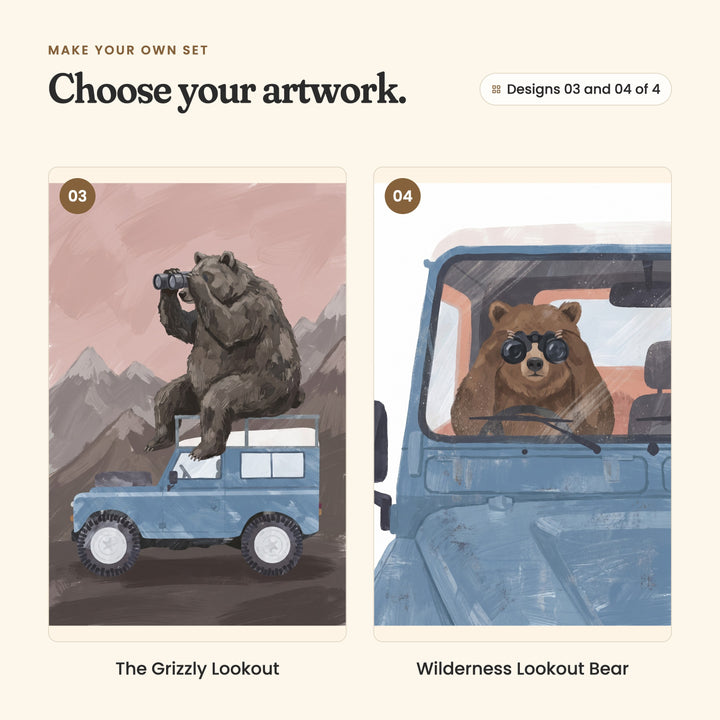 Designs 03 and 04 of 4: The Grizzly Lookout, a dark brown bear on the roof of a blue 4x4 looking through binoculars under a pink sky, and Wilderness Lookout Bear, a bear at the wheel behind the windshield looking through binoculars