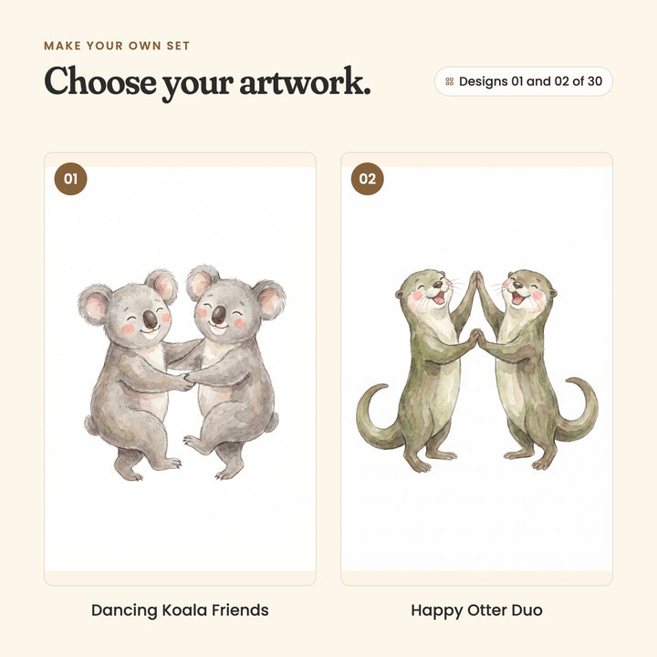 Designs 01 and 02 of 30: Dancing Koala Friends, two grey koalas dancing hand in hand, and Happy Otter Duo, two otters touching paws in a high five
